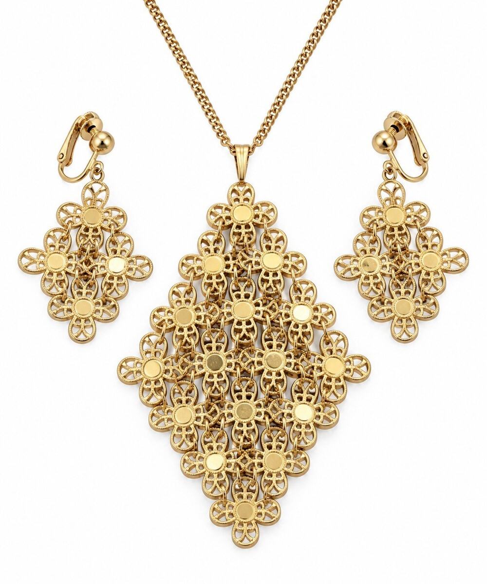 Sarah Coventry Golden Petals 1971 Necklace Clip Earrings Set Vtg Gold Tone Drop